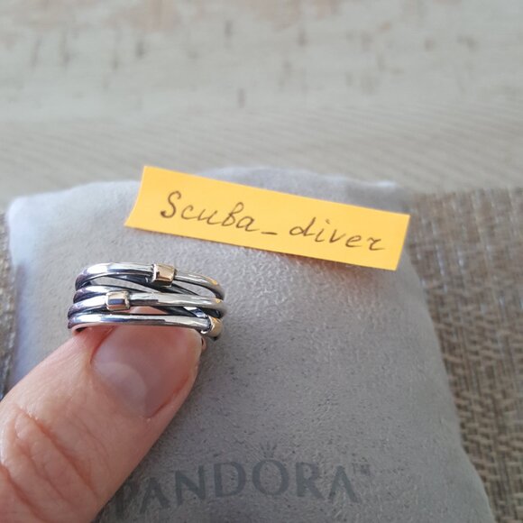 RARE Pandora Two-Tone Crossover Wrap Rope Ring 925 Silver 14K Gold Wide Band 8.5 - Picture 4 of 11